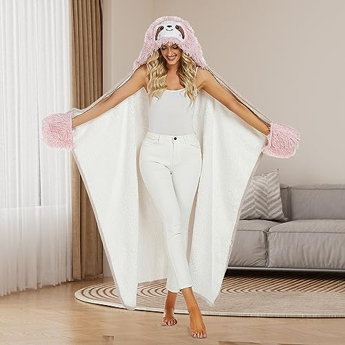 MeYuxg Faultier Kuscheldecke Rosa, Kuscheldecke Flauschig 166 x 118cm, Decke mit Ärmeln und Kapuze, Faultier Geschenke für Frauen, Faultier Tragbare Decke, Kuscheldecke Tier für Sofa, Büro
