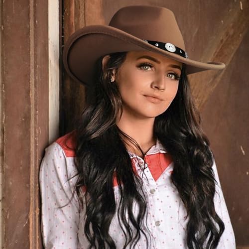 Image of DRESHOW Women Men Classic Felt Wide Brim Western Cowboy & Cowgirl Cap Belt Buckle Retro Panama Hat Unisex Rolled up Caps