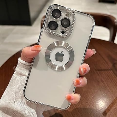 LOOBIVAL Compatible with iPhone 13 Pro Max Case with Camera Lens Protector,Logo View for Women Men, Soft Clear Back Cover, Luxury for iPhone 13 Pro Max Phone Cases (iphone13proMax, Silver) Cover