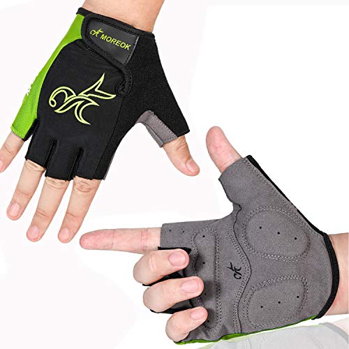 MOREOK Mens Cycling Gloves,Half Finger Biking Glove MTB DH Road Bicycle Gloves Gel Pad Shock-Absorbing Anti-Slip Breathable Motorcycle Mountain Bike Gloves Green-L