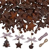 Rich in Quantity: you will get 20 rusted metal jingle bells of 0.98", 20 mini rusted metal jingle bells of 0.39", 20 rusty metal stars, 20 Christmas tree rusty metal bells, and 1roll of brown plaid ribbon, 1 roll of jute twine, Holes are located on t...