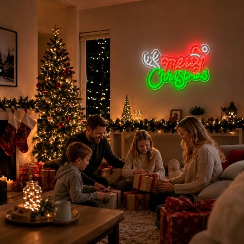 Image of Merry Christmas Neon Sign, JGHTURIE Dimmable Neon Signs for Wall Decor, Light Up Sign for Christmas Party, Bar, Office, Bedroom, or Home Decor - LED Light Signs USB Powered