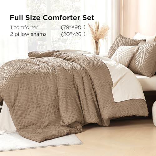 Image of Litanika Taupe Full Comforter Set, 3 Pieces Tufted Boho Farmhouse Bedding Comforter Sets, Lightweight Fluffy Comforter Bed Set for All Season (79x90In Comforter and 2 Pillowcases)