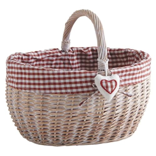 AUBRY GASPARD - Panier Osier Fendu Teinté - Doublure Coton Vichy Rouge/Blanc - Décor Coeur Anse - 23-35x42x33 cm - Fabriqué Artisanalement - Léger et...