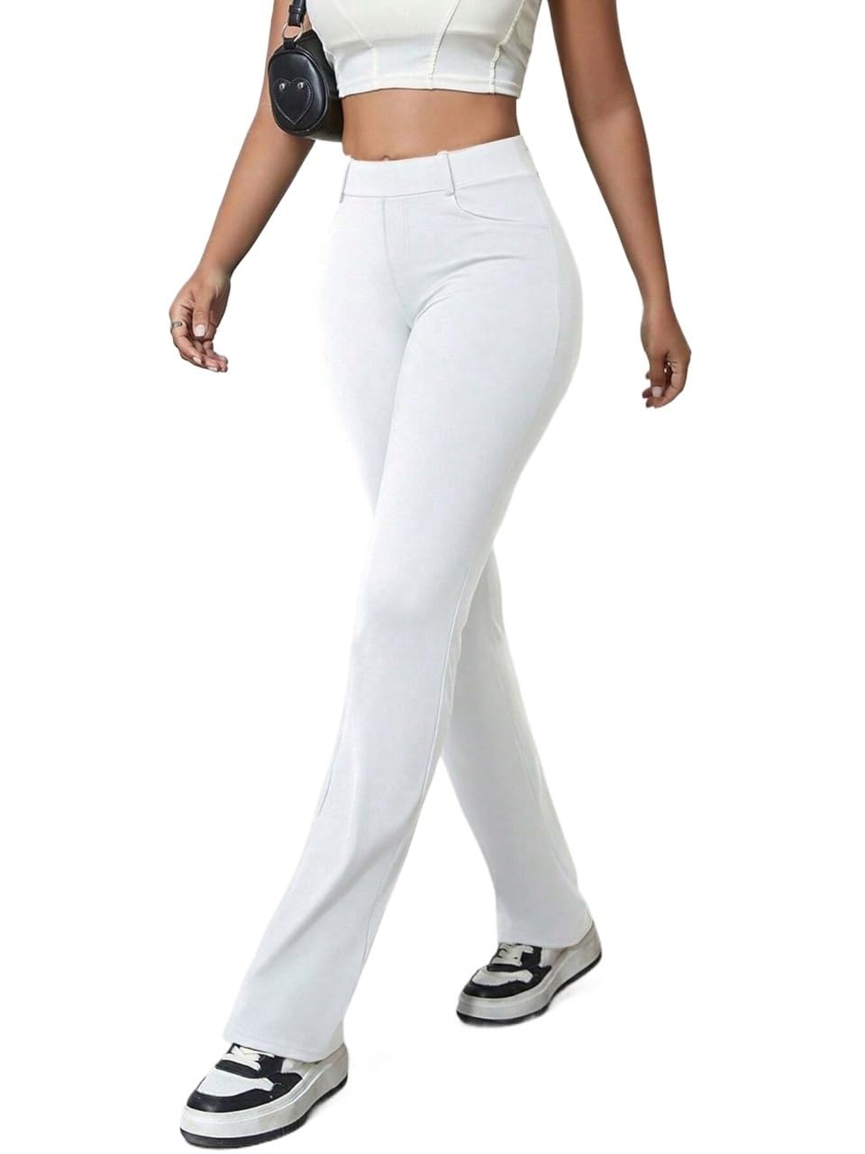 Womens High Elastic Pocket Flared Leg Pants Daily Casual Trousers for Women
