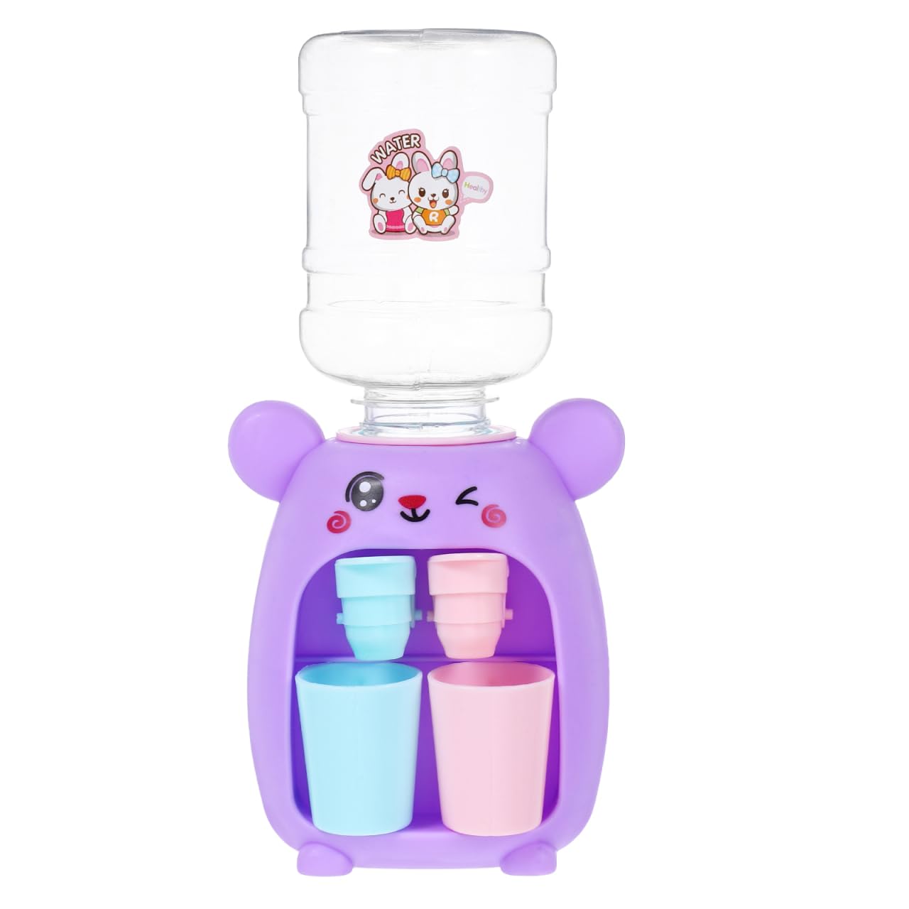 Mini distributeur d'eau pour enfants : machine à eau en plastique avec deux prises – Améliore la créativité et la coordination œil-main, design animal mignon pour jouer et décorer la chambre (violet