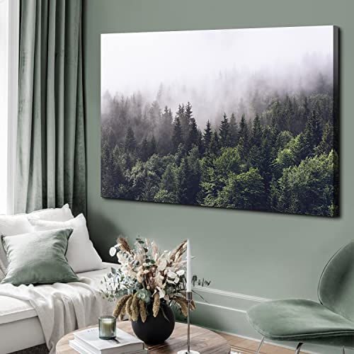 Image of Pine Tree Canvas Wall Art for Living Room Kitchen, Rustic Misty Foggy Forest Scenery Picture Wall Decor Nature Mountain Landscape Prints Poster Fall Trees Painting Modern Artwork Home Decoration 32x48 inch