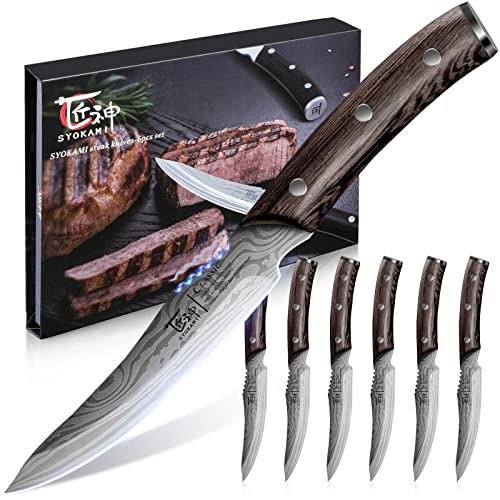 Comparison: Best Non Serrated Steak Knives 10 SYOKAMI Steak Knives Set of 6, 4.8 Inch High-Carbon Japanese Stainless Steel Non-serrated Steak Knife with Wood Handle, Damascus Pattern Full Tang Design, Razor-Sharp Dinner Knives with Gift Box