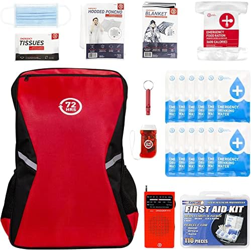 72 HRS Essential Emergency Survival Kit – Heavy Duty 72 Hour Bug Out Bag Survival Kit for Earthquake, Hurricane, Tsunami, Winter, Blackout – Include Emergency First Aid Kit, Water, Food (Red 1 Person)