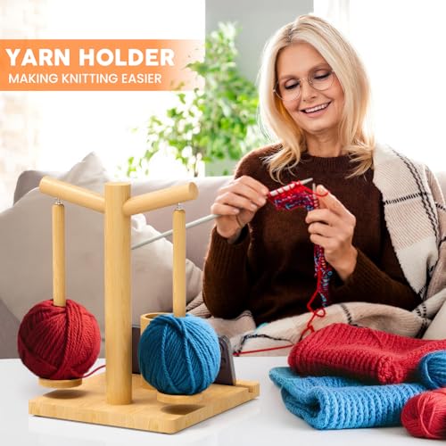 Image of Hangerspace Wooden Yarn Holder for Crocheting and Knitting | Upgraded Magnetic Rotating Yarn Spinner with 2 Spindles, Perfect Gift for Knitters and Crocheters