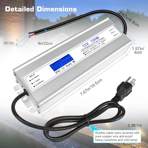 Image of LED Driver 150 Watts, IP67 Waterproof 12V Power Supply, AC 90-265V to DC 12V 12.5A Low Voltage Transformer with 3-Prong Plug 3.28ft Cable for LED Lights, Computer Project, Outdoor Use