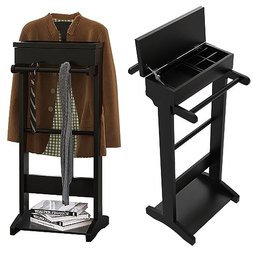 Image of Wooden Valet Stand for Men, Modern Mens Valet Stand with Tray Organizer, Shoe Shelf, Hanging Rod & Suit Rack, Freestanding Clothes Rack for Bedroom Entryway Office, Black
