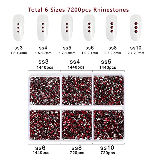 Beadsland 7200 Pcs Flatback Rhinestones for Nails,Dark Red Round Small Crystal Glass Rhinestones Gems for Crafts,Mixed 6 Sizes with Wax Pencil Kit,SS3-SS10,Dark Siam - Image 4