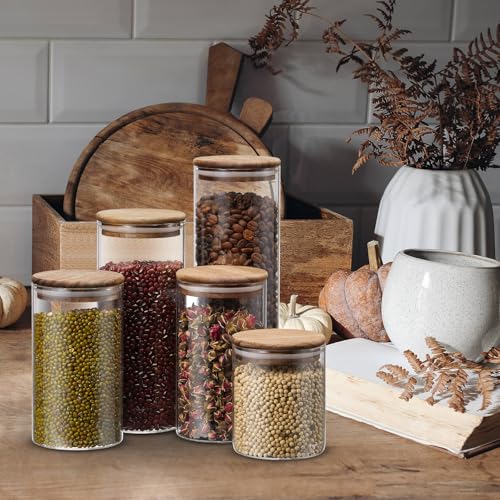 Image of Qinyoung Glass Storage Jars with Wooden Lids, 4 Sizes Food Storage Containers Clear Stackable Canisters Airtight Glass Jars for Candy Cookie (Clear, Dark Brown, 15oz 25oz 34oz 42oz, 24 Pcs)