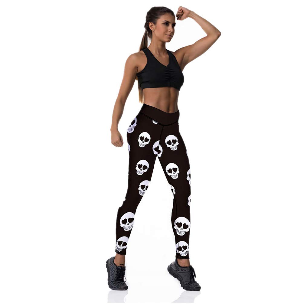 F.Q Yuqee Women's High Waist Quick Dry Running Tights Printed Training Compression Workout Pants Skull M