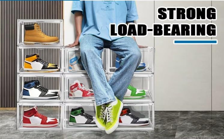 MISCONI USA NJDE 10 Pack Clear Acrylic Shoe Display Boxes – Stackable Sneaker Storage with Magnetic Door, Fits Shoes up to US Size 14