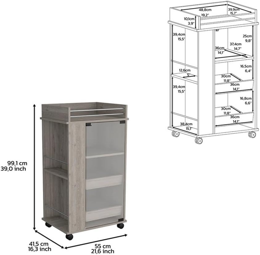 Pemberly Row Modern Engineered Wood Bar Cart, Gray Finish, 39.01"H x 21.65"W x 16.33"D, Glass Door, 2-Side Shelves, Casters for Mobility, Stylish Storage and Serving Solution for Home Bar or Cocktail