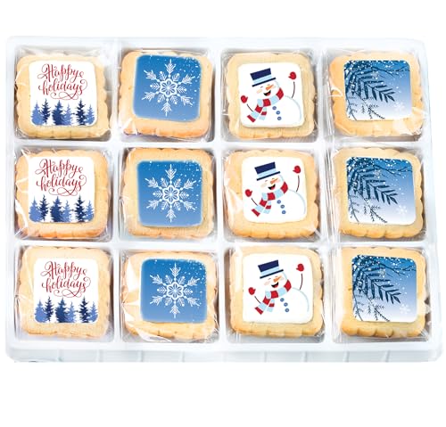Image of Happy Holidays Cookies Gift Basket for Men Women Kids | Holiday Gourmet Corporate Food Gift INDIVIDUALLY WRAPPED | 12 Decorated Sugar Cookies Winter