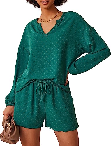 Ekouaer Pajamas Set Swiss Dot Women Long Sleeve Sleepwear Ruffle Shorts Pjs Set #TOP30
