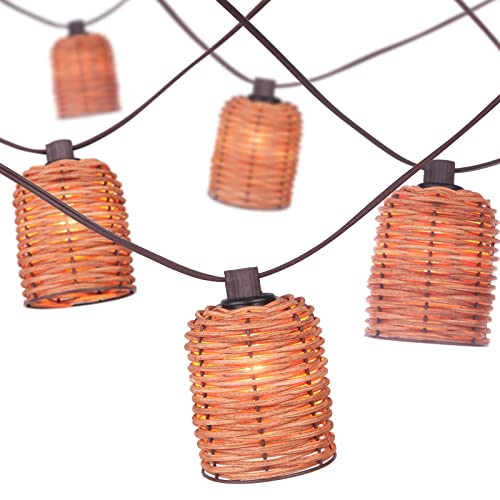 MAINDECO Natural Rattan String Lights, 10 Rustic Raffia Cage,16 Ft