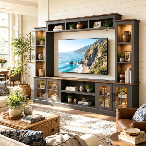 Breezestival Farmhouse TV Stand 98" Entertainment Wall Unit with Barn Doors, Built-in Power Outlets, Open Bookshelves & Storage Cabinets, Media Console Fits TVs Up to 75 Inch for Living Room, Black