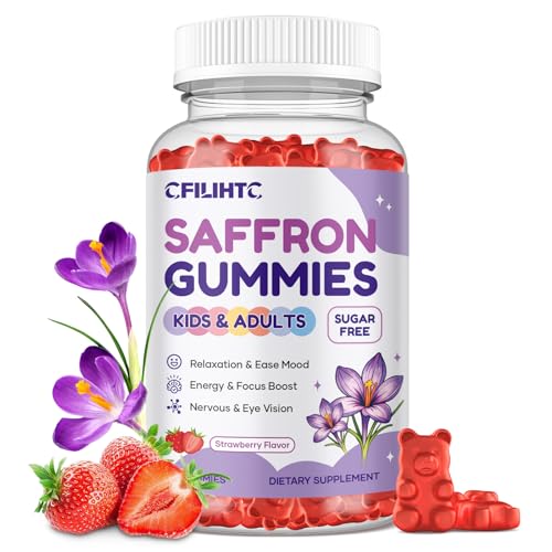 Saffron Gummies for Kids & Adults 20-in-1 Saffron Supplements with 88.5mg Saffron Extract B6 B12 C D3 Magnesium for Calm Focus Nerve Sugar Free Vegan Non-GMO - Strawberry Flavor 60 Counts