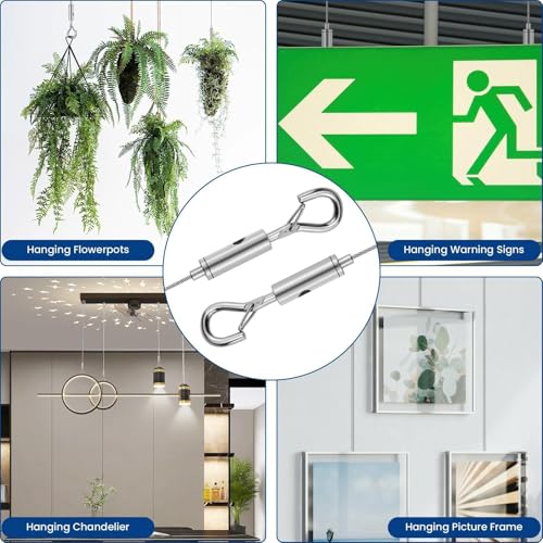 Image of 2 Kit 6.6FT Adjustable Picture Hanging Wire, Heavy-Duty Stainless Steel Wire Rope with D Ring, Hanging Hardware Holds Up to 45lbs for Mirror Light Lamp, Billboards, Basket Flowerpot