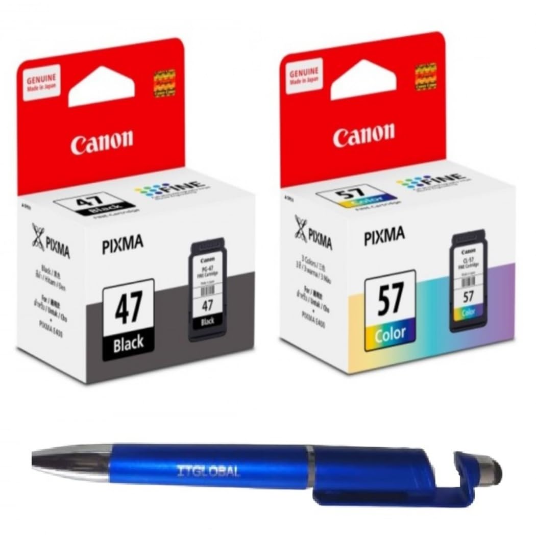 Canon PG 47 & CL 57 Small Ink Cartridge E400 E410 E417 E460 E470 E477 E480 E3170 E3177 E4270 with ITGLOBAL 3in1 Multi-Function Mobile Phone Stand, Stylus, Ballpoint Pen,Black