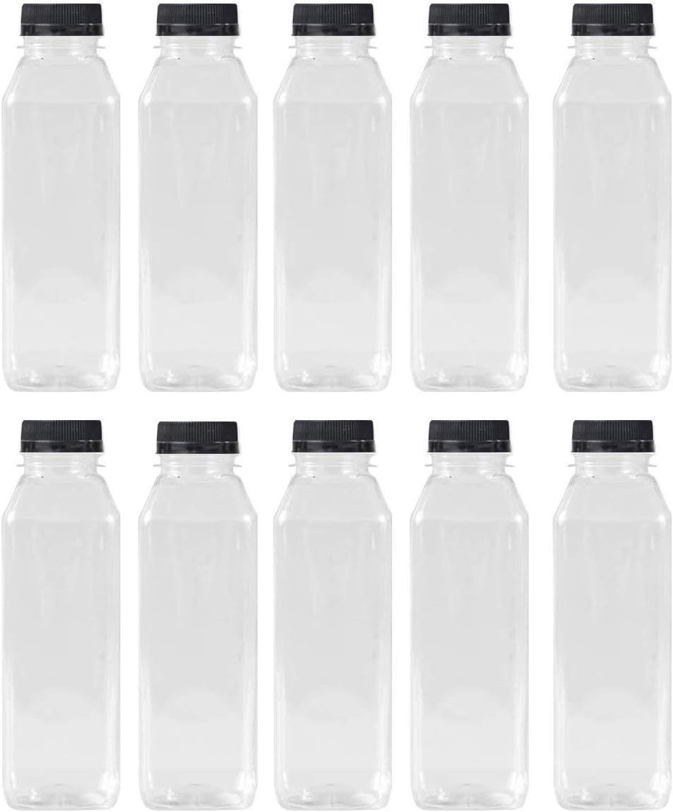 16 Oz Clear Plastic Juice/Dressing PET Square Container Bottles w/Black Tamper Evident Caps by Pexale(TM)- (Pack of 10) (10)