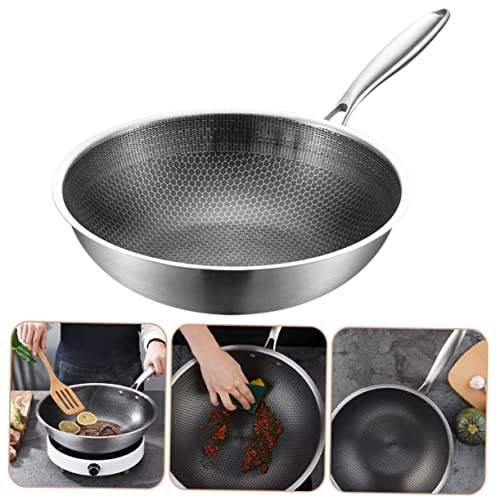 Amosfun Stainless Steel Nonstick Frying Wok Pan 32cm with Steel Handle Sturdy Wear-Resistant Chinese Traditional Stir-Fry Pan for Gas and Induction Cooktops - Image 2
