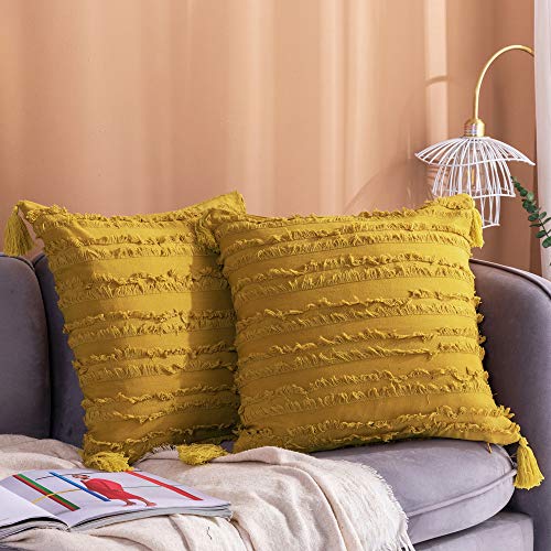 Longhui bedding Decorative Cotton Linen Yellow Throw Pillow Covers with Tassels Fringe - 18x18 Inches Cushion Covers with Invisible Zipper for Couch, Sofa and Bedroom, Set of 2