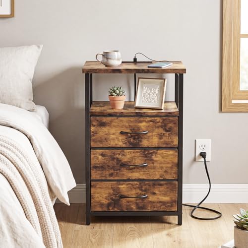 Image of Fixwal Night Stand with 3 Fabric Drawers, Nightstand for Bedroom, Bedside Table with Charging Station End Table with Storage, Rustic Brown