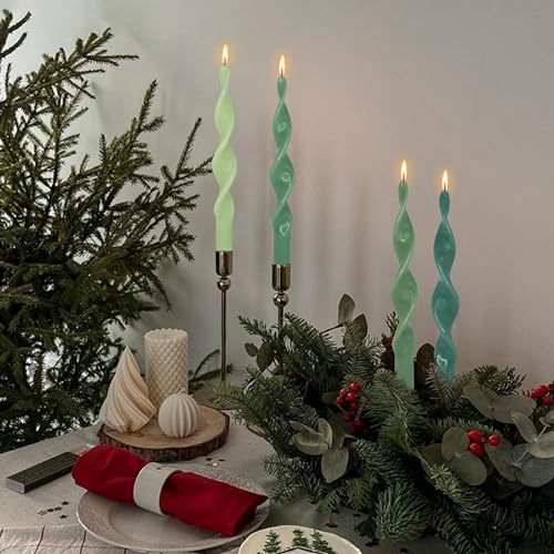 Image of Unscented Gradient Green Spiral Taper Candle Smokeless Taper Candlesticks Handmade 10 Inch Long Twisted Candles for Wedding Home Decor Holiday Gifts