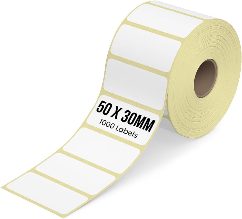 BRANDSFINITY Pack of 1 Thermal Transfer Barcode Label Stickers 50mmx30mm (5cmx3cm) | Sticky Labels for Shipping, Barcoding, and Inventory | 1000 Labels per Roll