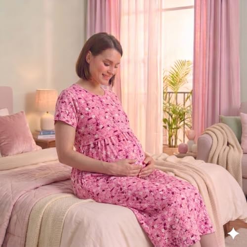 Image of Zero Clothing Feeding Dress for New Moms Casual Loungewear Ankle Length | Cotton Maternity Nighty | Zipless Feeding Dresses for Women | Pregnancy & Nursing Wear