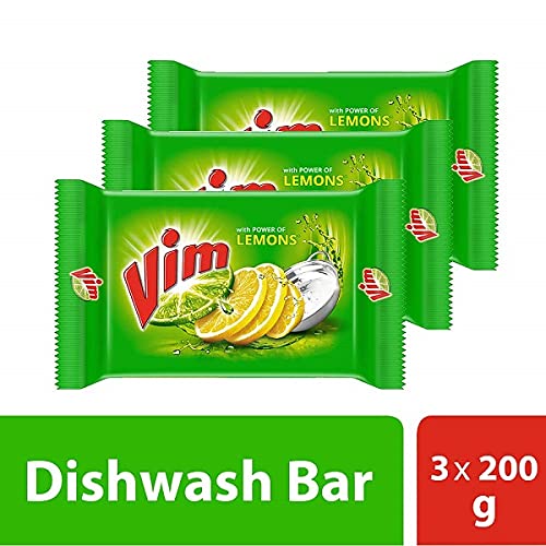 Image of Vim Dishwash Liquid Gel Lemon, 500 ml Bottle & Vim Fresh Lemon Dishwash Bar 200 g (Combo Pack of 3)