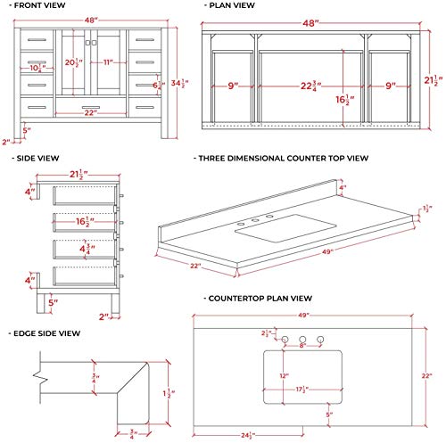 Ariel 49" Midnight Blue Bathroom Vanity W/ 1.5" Edge Pure White Quartz Countertop & Backsplash | Single Rectangular Sink | 2 Soft Closing Doors & 9 Full Extension Dovetail Drawers | Satin Brass Pulls #TOP2