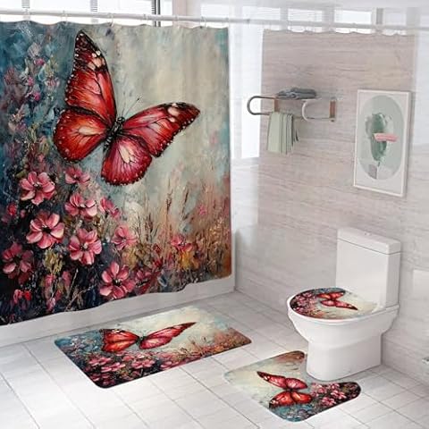 XVWJ 4Pcs Red Butterfly Shower Curtain Set with Rugs, Pink Floral Art Bathroom Sets with Shower Curtains with Hooks,Art Waterproof Fabric Butterfly Bathroom Decor Cover