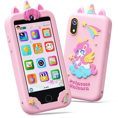 KOKODI 4 Inch Kids Smart Phone Touchscreen HD Dual Camera Cell Phone for Children Christmas Birthday Gifts Unicorn Learning Toys for Girls 3-10 First Preschool Education Phone Toy with 200+ Games