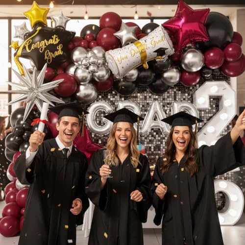 Image of Graduation Balloons Garland Kit 153Pcs, Maroon Black Silver Balloon Arch Kit with GRAD Letters Grad Cap Diploma Balloon Burgundy Balloons Arch for Class of 2026 Graduation Birthday Party Decor