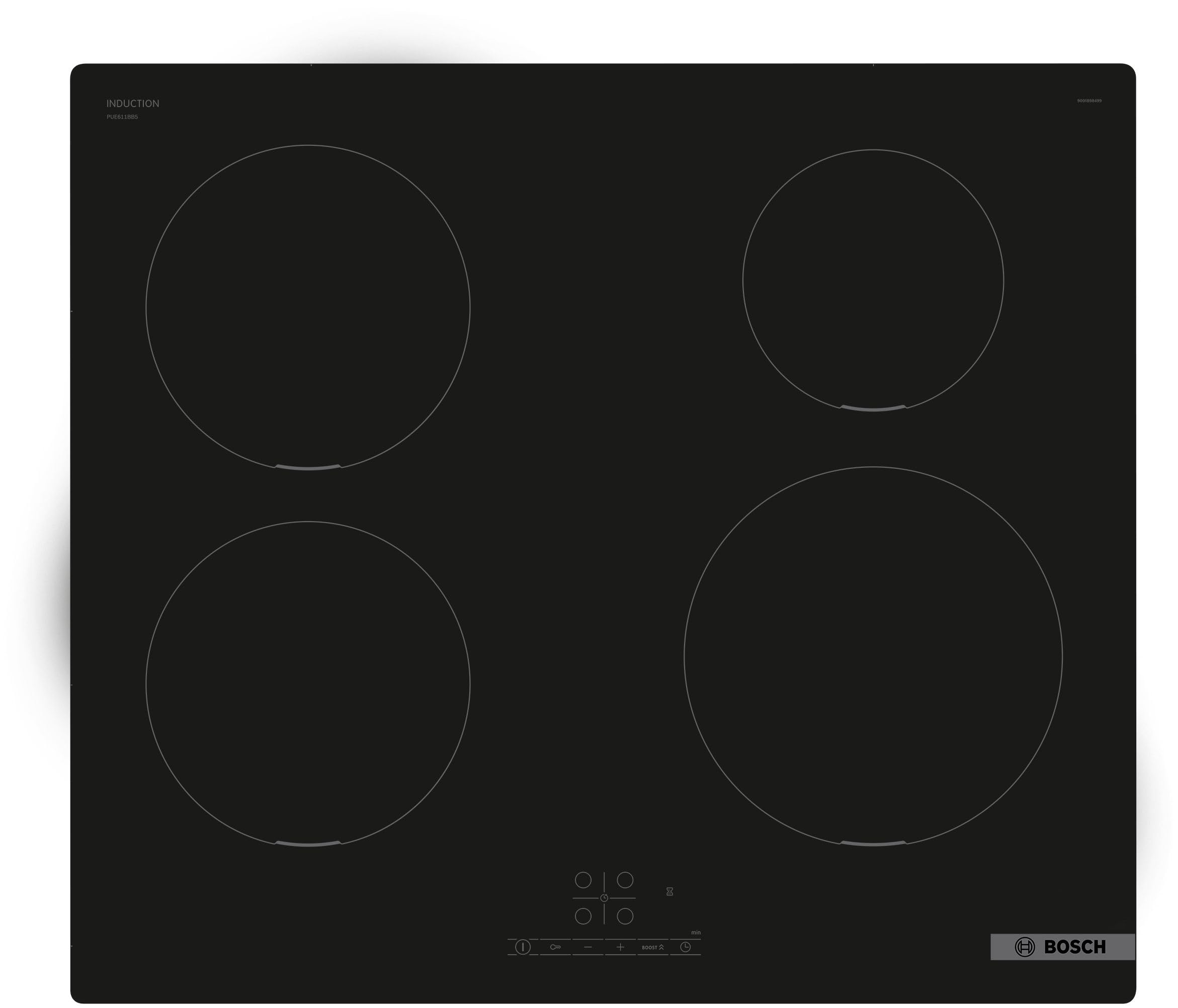 Gros plan sur la surface vitrocéramique noire et les commandes tactiles de la plaque à induction Bosch PUE611BB5E.