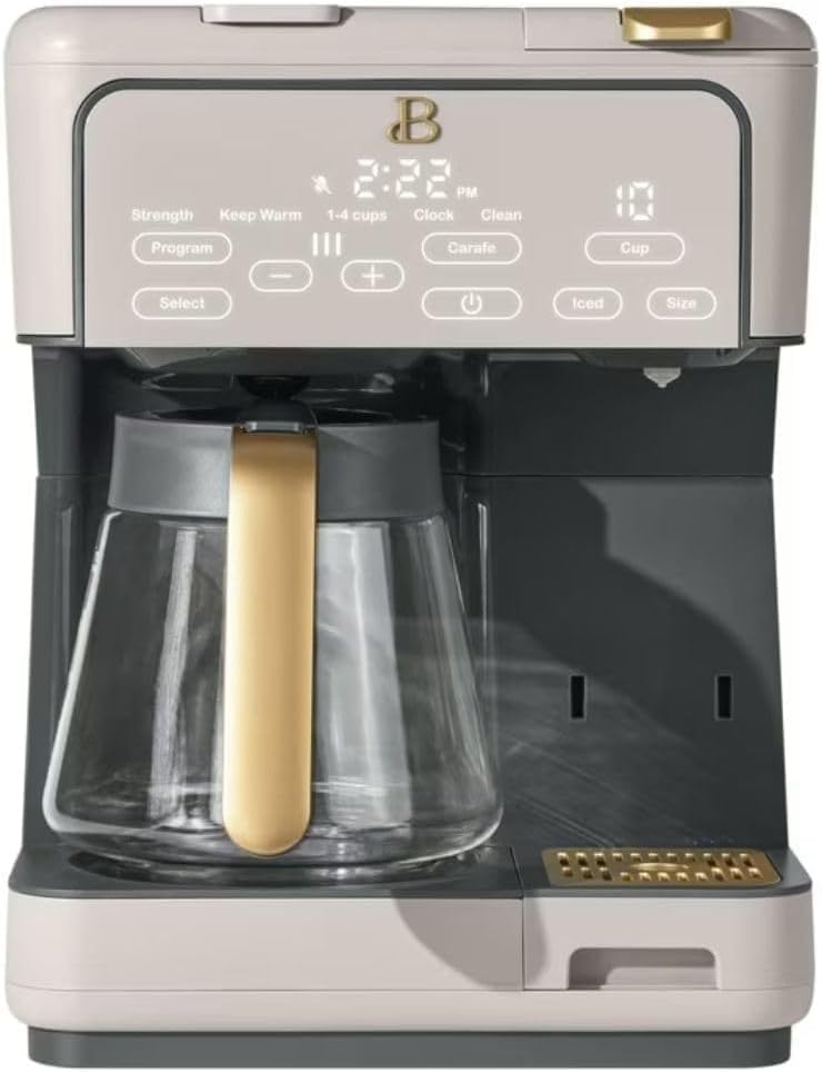 Image of Beautiful by Drew Barrymore Multi-Brew Coffee Maker, 12-Cup Carafe + Single-Serve, Pods or Grounds, Over Ice, Touch Display. (Porcini Taupe) 1 pack