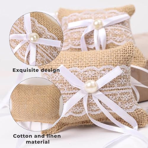 2PCS Burlap Ring Bearer Pillow Cushion with Lace Bow Bridal Wedding Ceremony Pocket Ring Holder for Proposal - Thumbnail 4