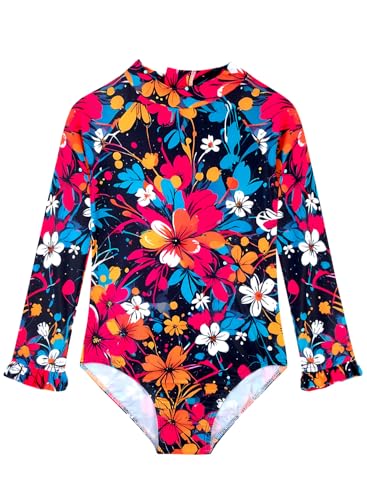 Image of Alakuoti Long Sleeve One Piece Ruffle Swimsuit for Toddler Girls Baby Girl Rashguard Shirt with UPF 50+ Sun Protection