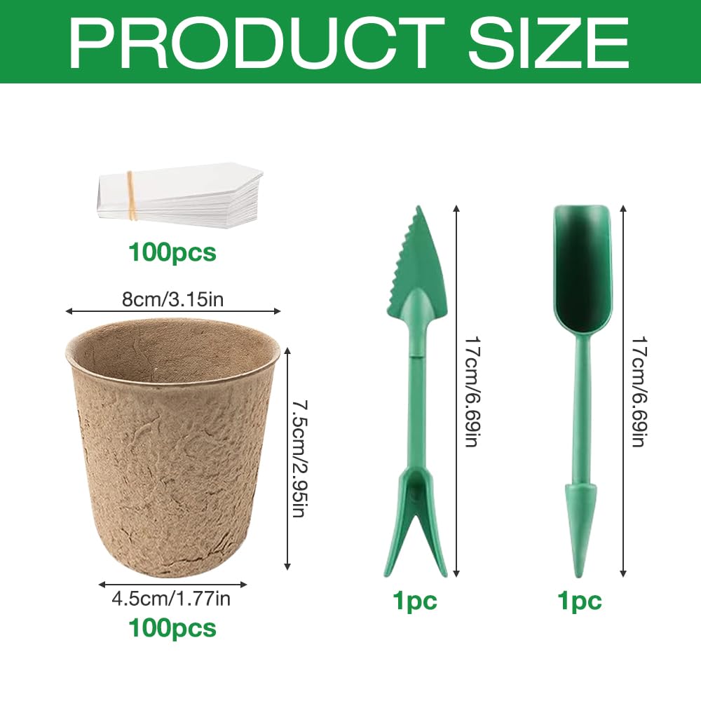 AVCXEC 100 Pcs Fibre Seed Pots, 8cm Round Biodegradable Plant Pots, Seedling Pots with 100 Pcs Plastic Plant Labels and Widger & Dibber, Plant Nursery Pots for Seedlings, Vegetables, Flowers and Herbs - Image 2
