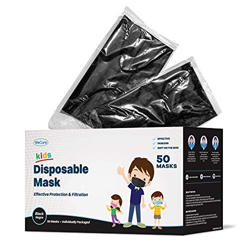 WeCare Kids Face Masks 50 Pack, Black, Individually Wrapped, Disposable, 3 Ply