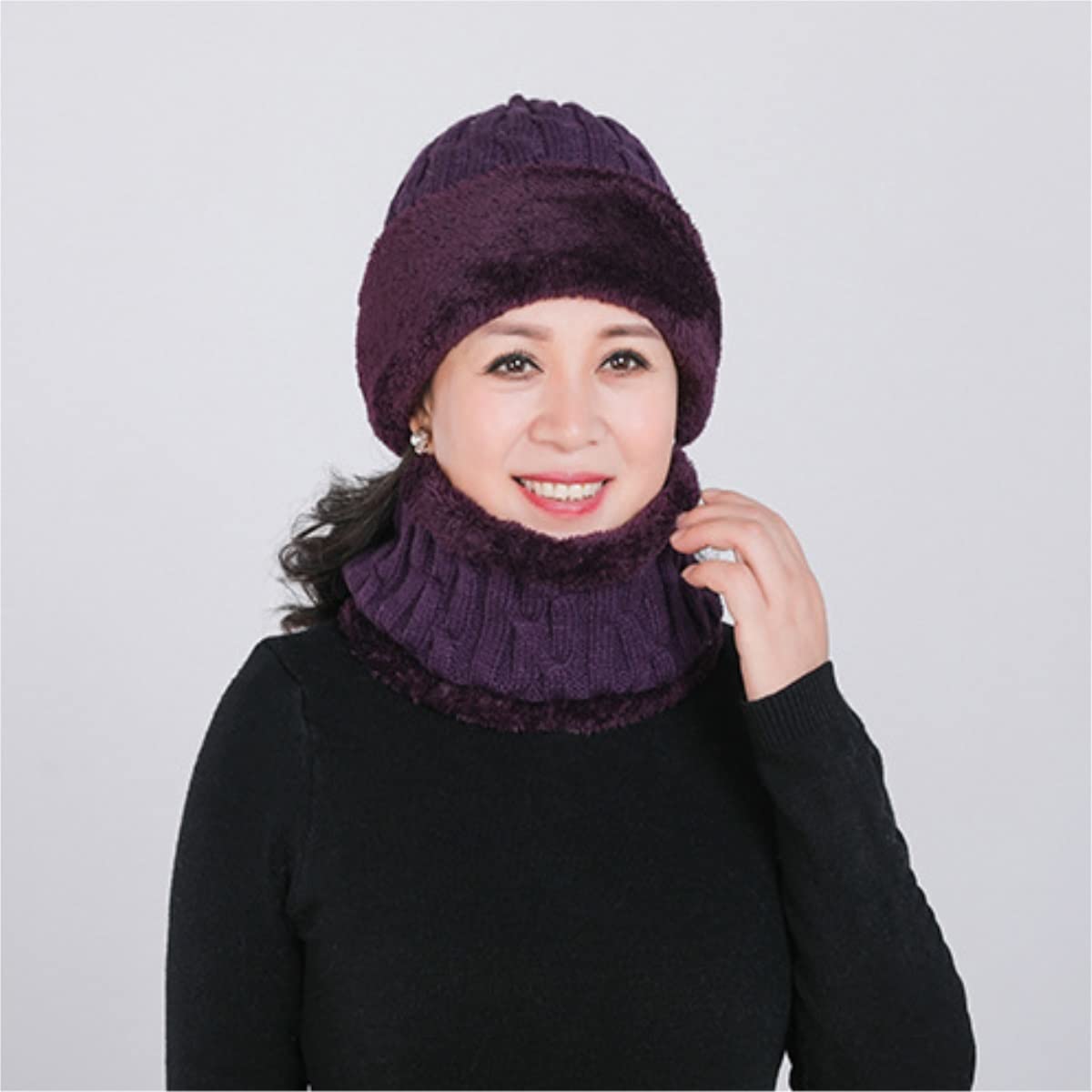 Gorro de Lana de Invierno con Forro Polar para Mujer, Conjunto de Bufanda de Punto, máscara, cálido, Suave y Holgado (Talla única)