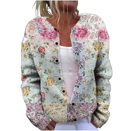 TURWXGSO Cardigans for Women UK Plus Size S-5XL Floral Embroidered Knit Cardigan Vintage Button Front Cover Up Sweater Coat Lightweight Open Front Long Sleeve Sweaters Jacket
