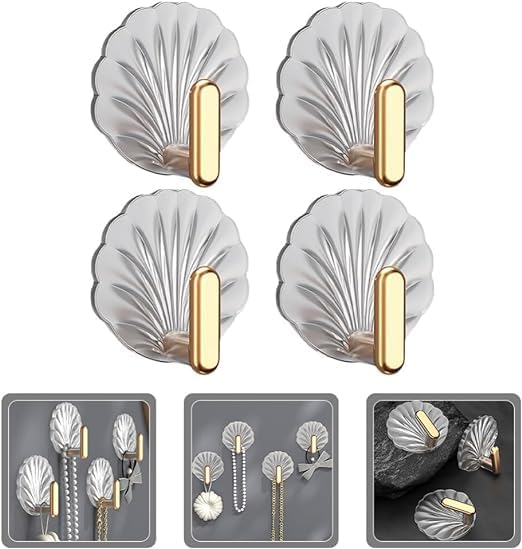 Image of Self Adhesive Gold & Silver Seashell Wall Hooks for Keys, Jewelry & Towels No-Drill Adhesive Hooks for Smooth Surfaces Hook with Magic Stiker Set of 5pcs