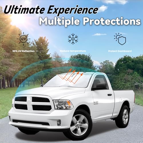 Image of Car Front Windshield Sun Shade for DO-RAM 2011-2019, Car Window SunShades Shield Cover Sun Visor Protector with 240T Reflective Fabric UV & Sun Heat Protection Accessories